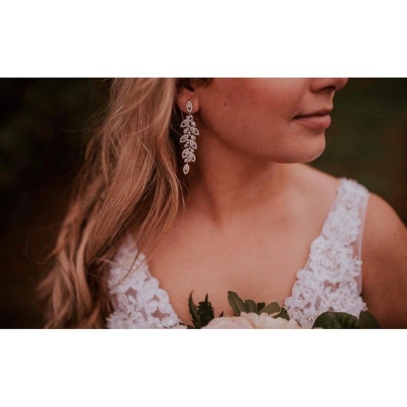 14K Gold Plated Leaflet Special Occasion Dangle Drop Earrings - Picture 7 of 10